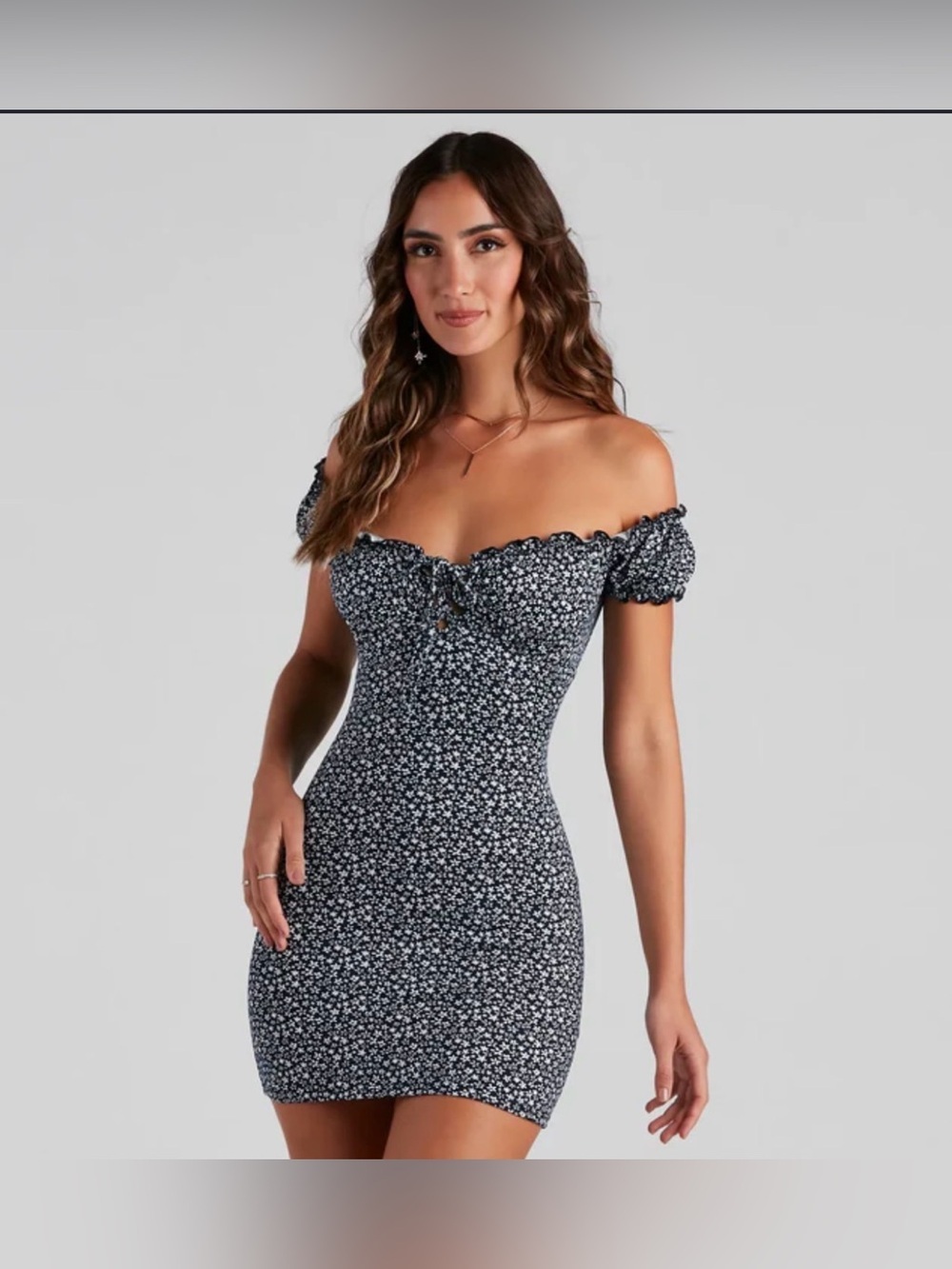 Windsor Navy Floral Off-Shoulder Mini Dress | Summer | Cottagecore | Y2K | S